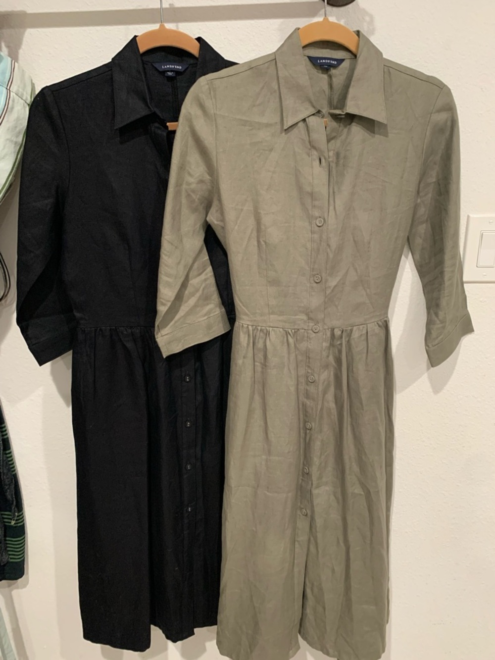 2 Lands' End Linen Olive Black 3/4 Sleeve Midi Button-Front Shirt Dresses, NWOT